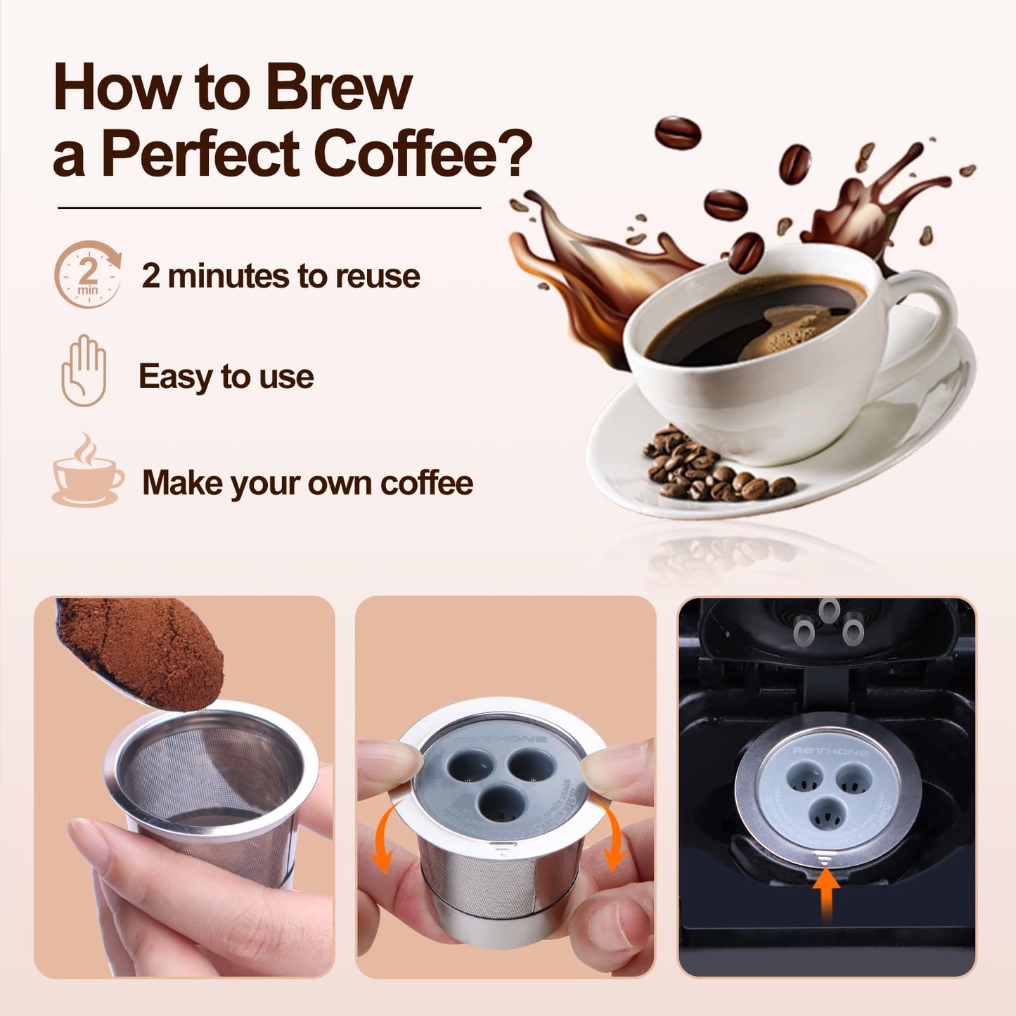 RETHONE Reusable K Cups Coffee Pods Compatible with Ninja Coffee Maker, Stainless Steel Reusable Coffee Filters for Ninja CFP201 CFP300 CFP301 CFP305 CFP307 CFP400 Dual Brew Pro (2 Packs)