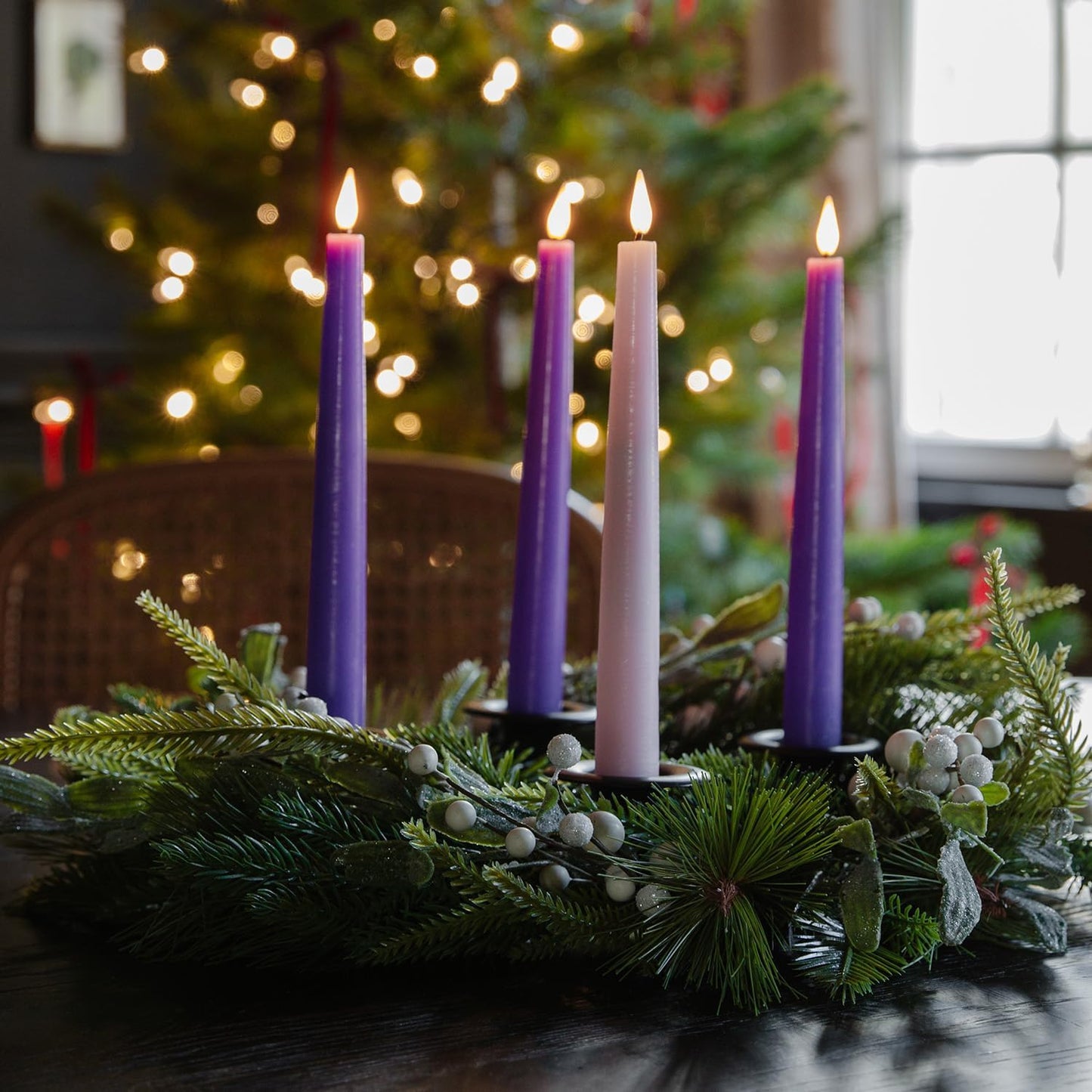 LampLust Flameless Taper Candles - Set of 4 Purple & Pink 9-Inch LED Advent Candles with Remote | Spring Decor & Centerpiece