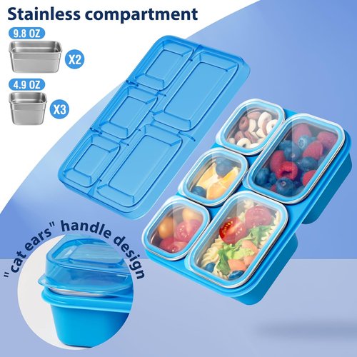 Freshmage Stainless Steel Snack Containers - BPA-Free 5-Compartment Bento Box | 2-Pack Reusable Food Storage (Pink/Blue)