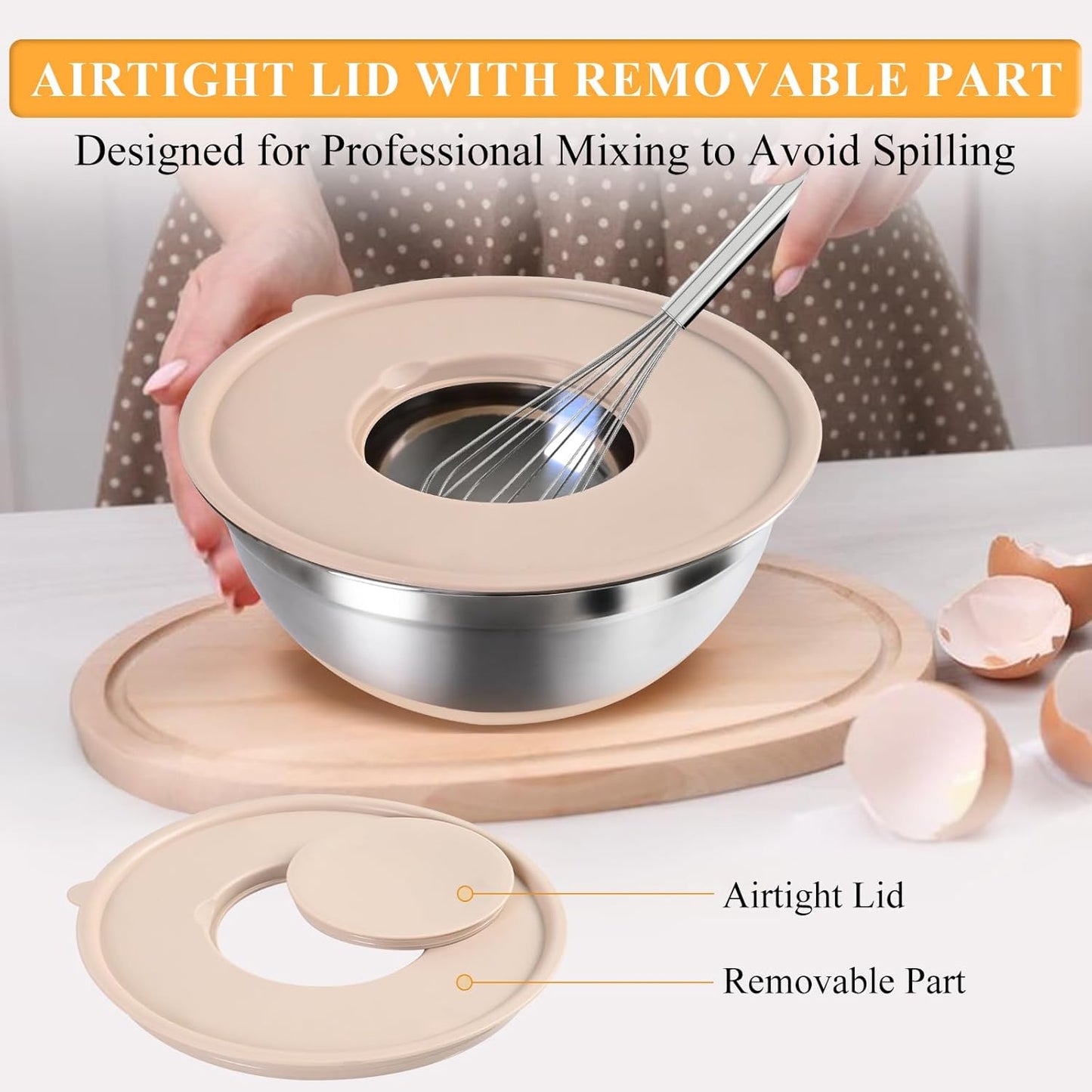 Regine Switzerland Mixing Bowls Set - 20 PCS Kitchen Gadgets with Airtight Lids & Non-Slip Silicone Bottoms | Stainless Steel & Grater Attachments, Khaki