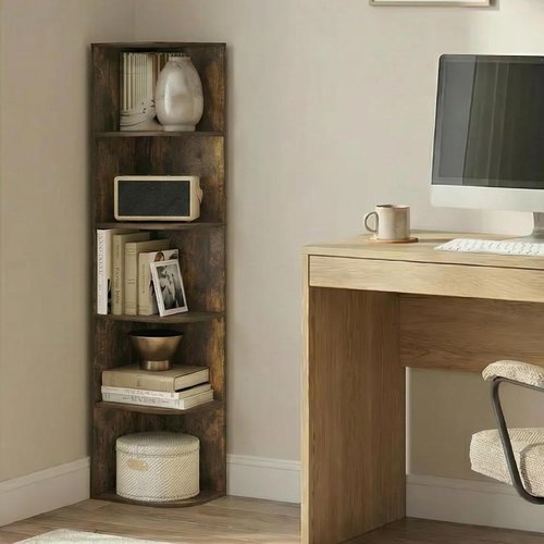 Furinno PASIR 5-Tier Corner Bookshelf - Open Design for Organization & Storage | Amber Pine, 9.3 x 12 x 51.7