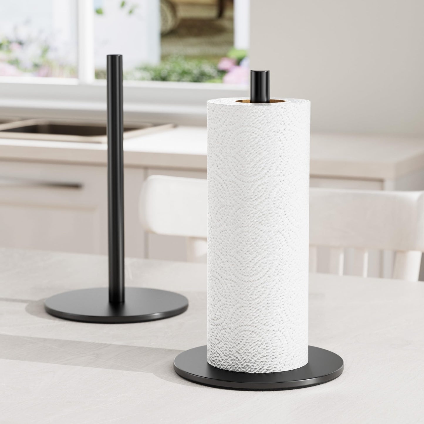 Black Paper Towel Holder Free-Standing, Premium Stainless Steel Paper Rolls Organizer Countertop, Classic Fashion Kitchen Roll Dispenser