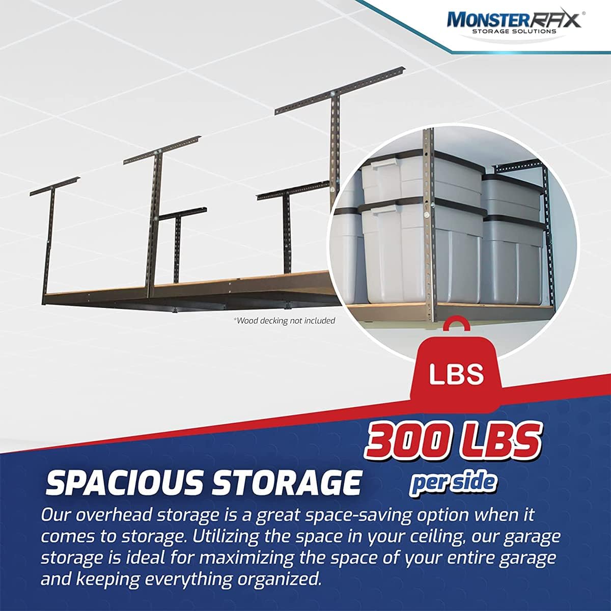 MonsterRax 4x8 Overhead Garage Storage Rack - Adjustable Ceiling Shelving System (Hammertone, 18"-33")
