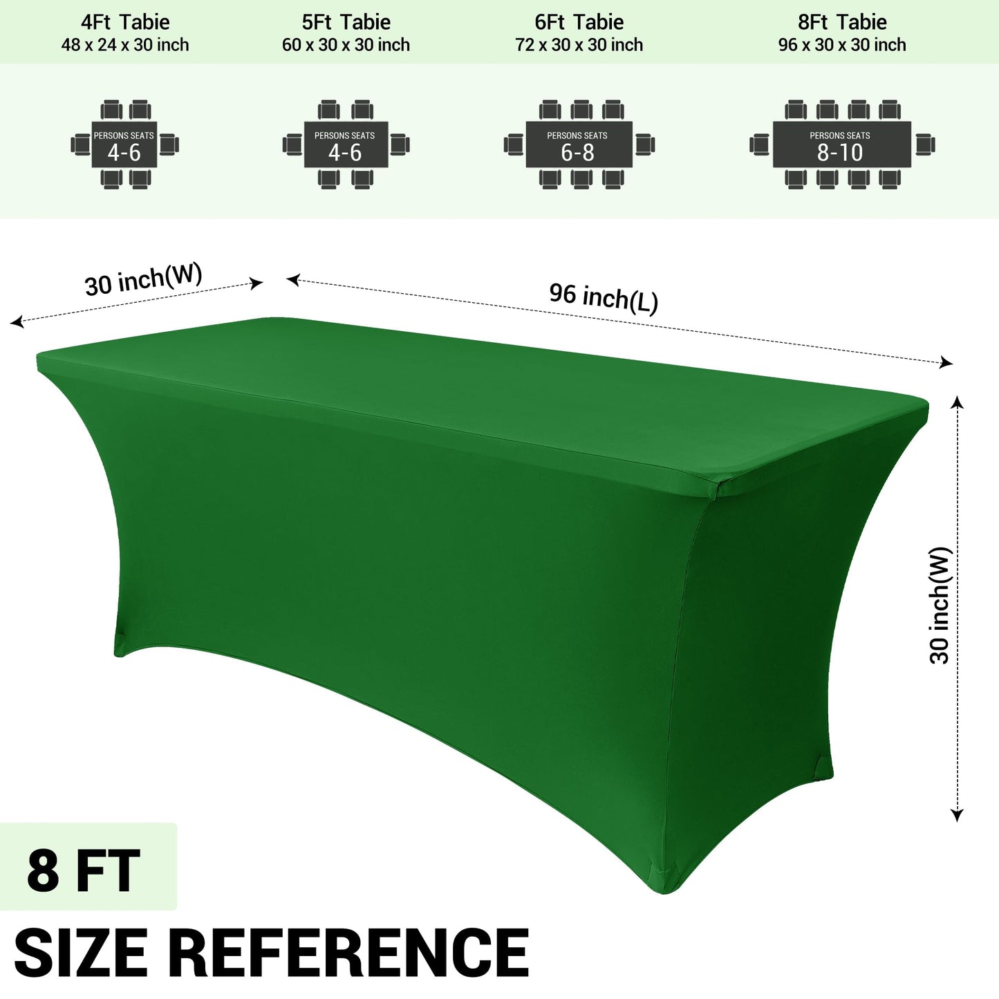 Obstal 8Ft Stretch Spandex Table Cover for Standard Folding Tables - 2 Pack Universal Rectangular Fitted Tablecloth for Party, Banquet, Events, Trade Show (Emerald Green, 96L x 30W x 30H Inches)
