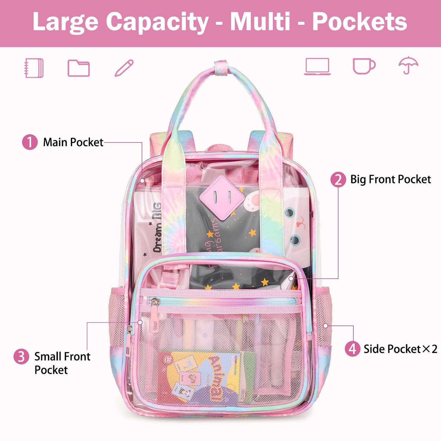 Rinooau Clear Backpack Heavy Duty, PVC Clear Bag for Stadium Events See Through Pink Bookbag, Transparent Backpack for Girls Women Kids Stadium Approved Clears Concert Bag for School Work Travel