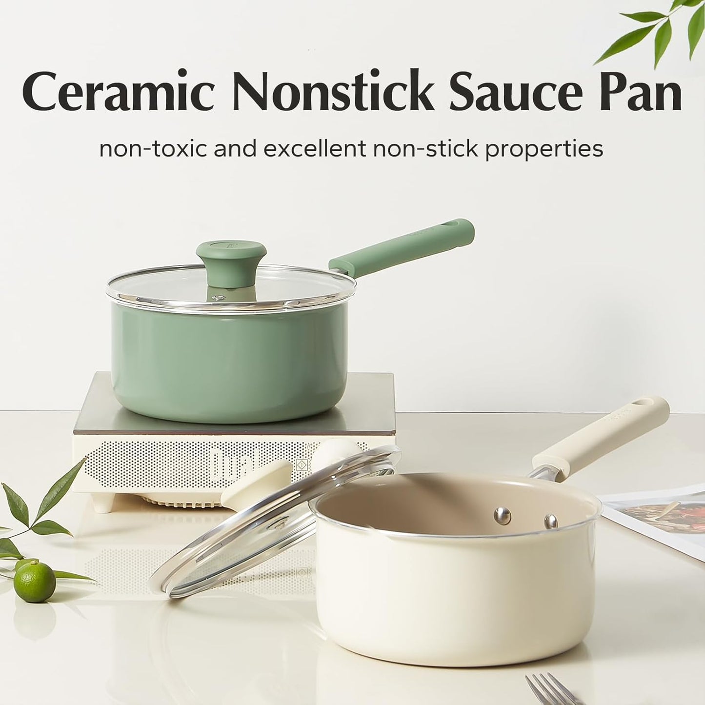 Redchef Ceramic Nonstick Saucepan - 2.5QT Non-Toxic Cooking Pot with Lid | PFAS-Free, Cool Handle, White