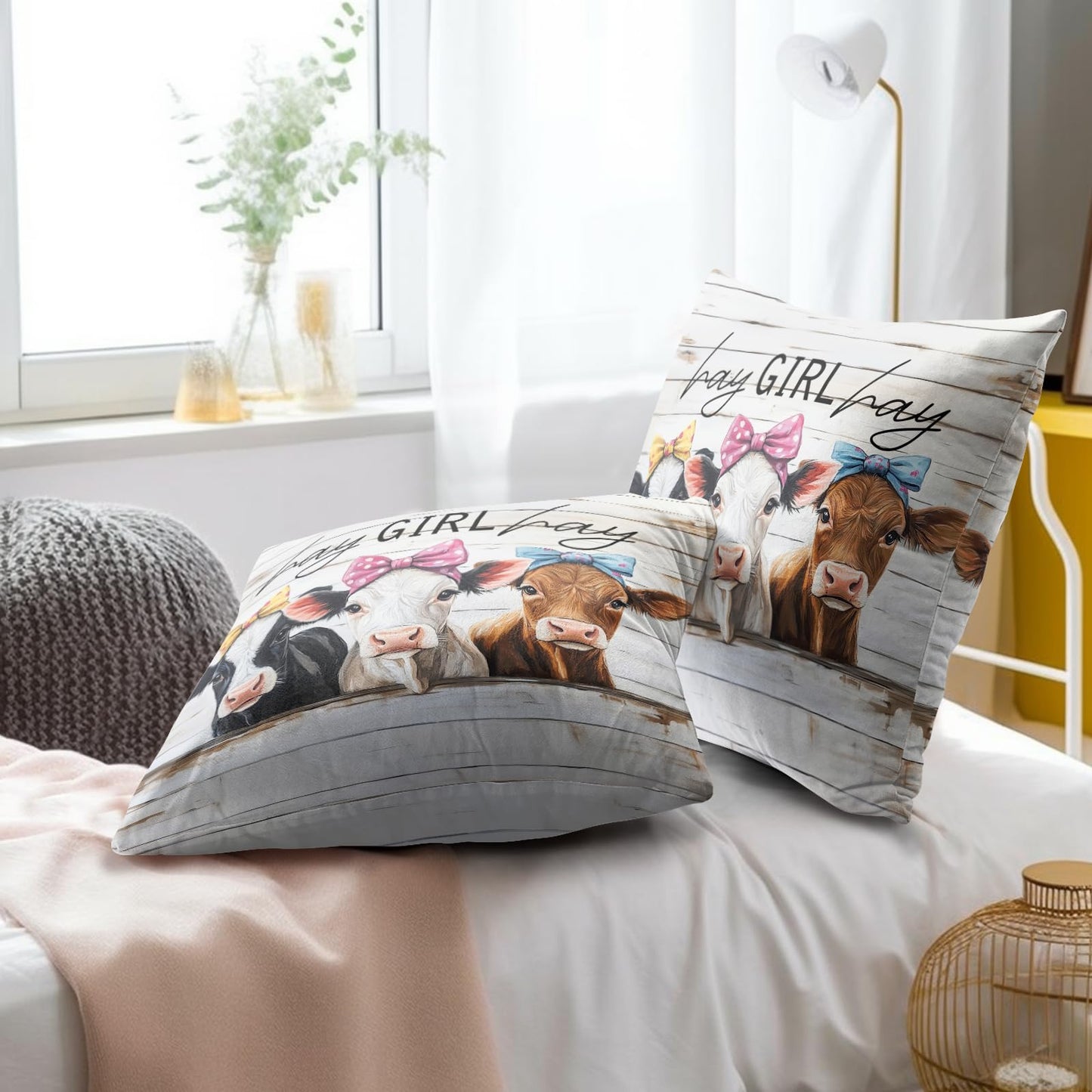 Giwawa Farmhouse Cow Throw Pillow Covers 18x18 Inch Hay Girl Hay Decorative Pillowcase Set of 2 Couch Cushion Covers for Home Living Room Patio