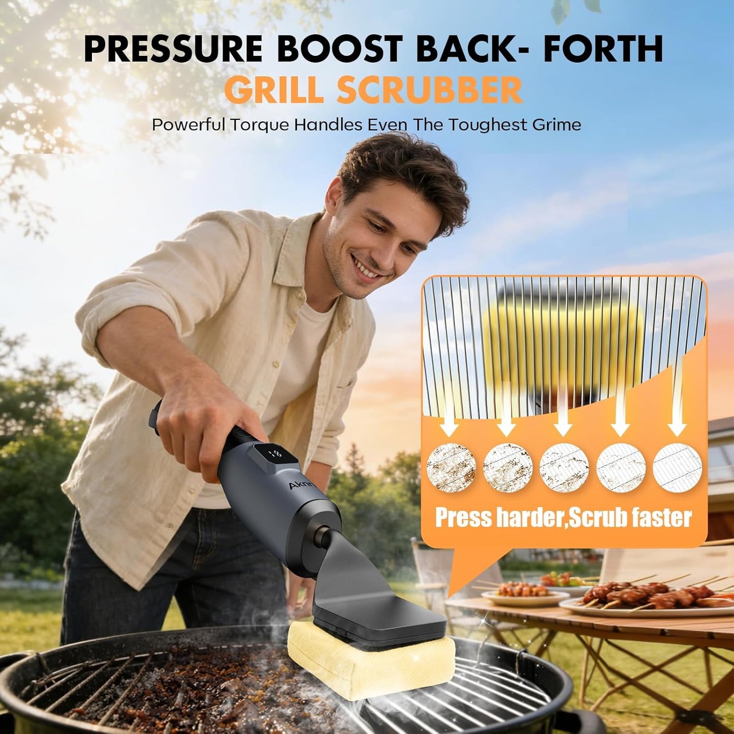 Skiennix Electric Grill Brush - Cordless Bristle-Free BBQ Cleaner with 3 Heads | 240 Mins Runtime (Gray)