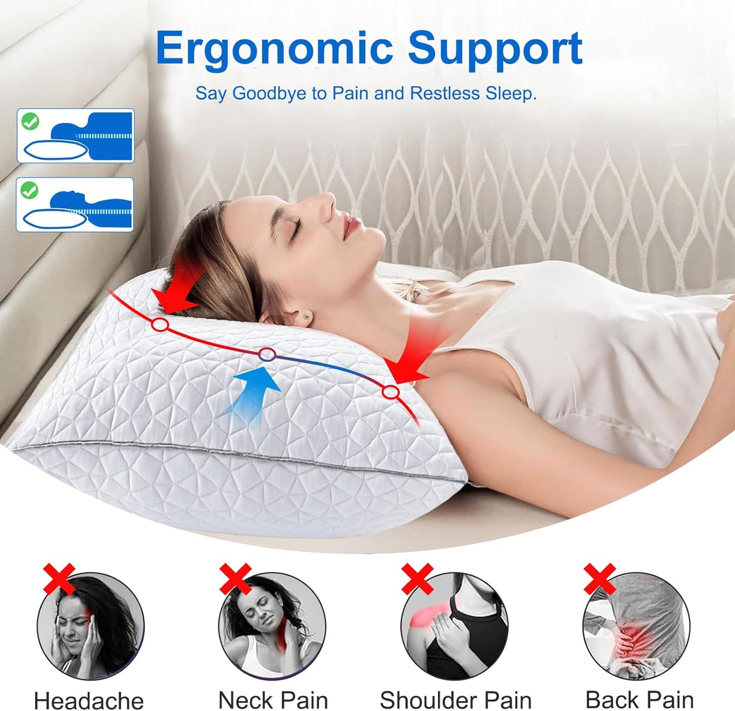 Skiennix Cooling Pillows - Adjustable Shredded Memory Foam Set of 2 | Queen Size 20" x 30", White