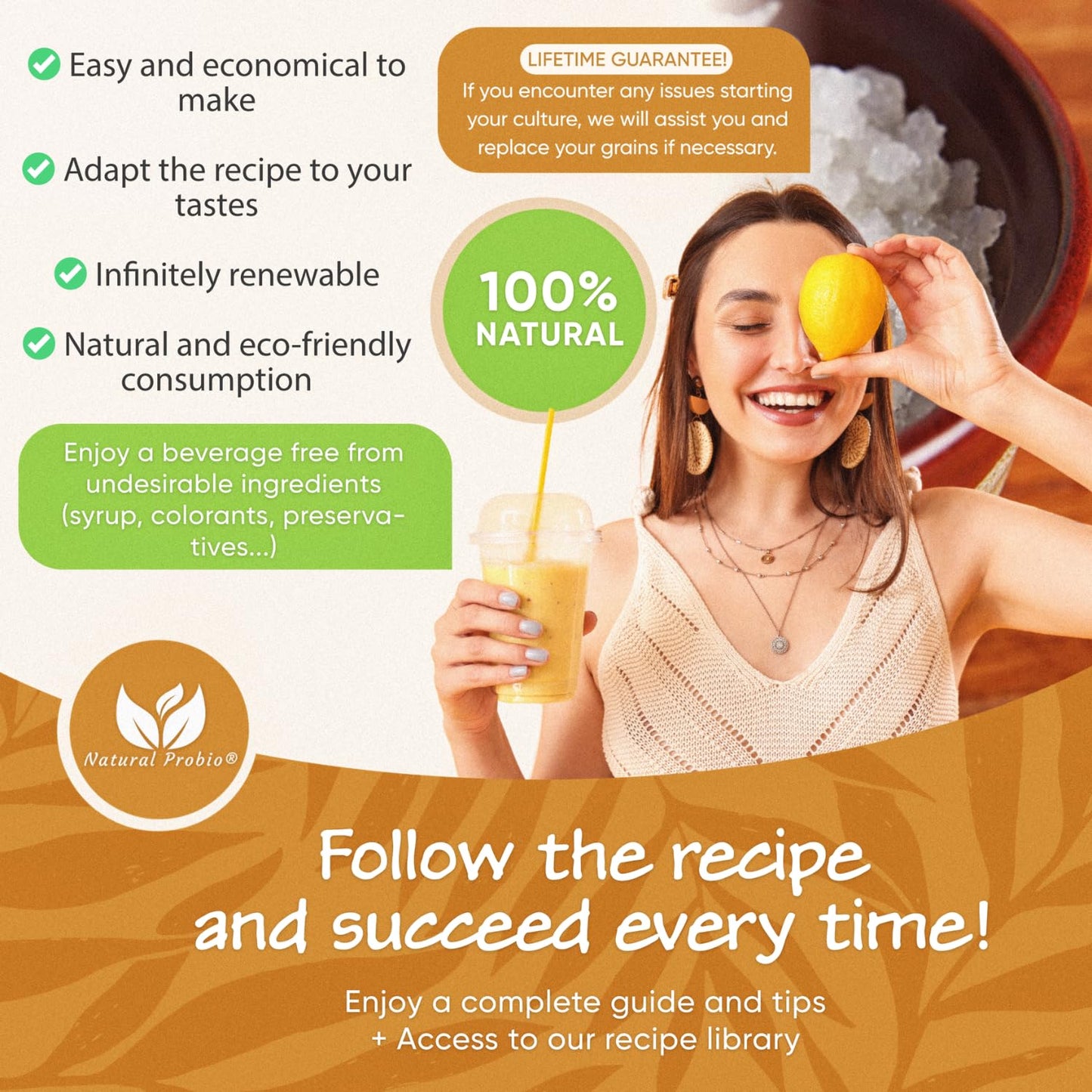 Natural Probio® Water Kefir Grains - Starter Culture Kit – Fruit Kefir + Complete Guide, Recipe & Tips + Ebook Library Access + Customer Support (0.35 oz dehydrated / 2.12 oz rehydrated)