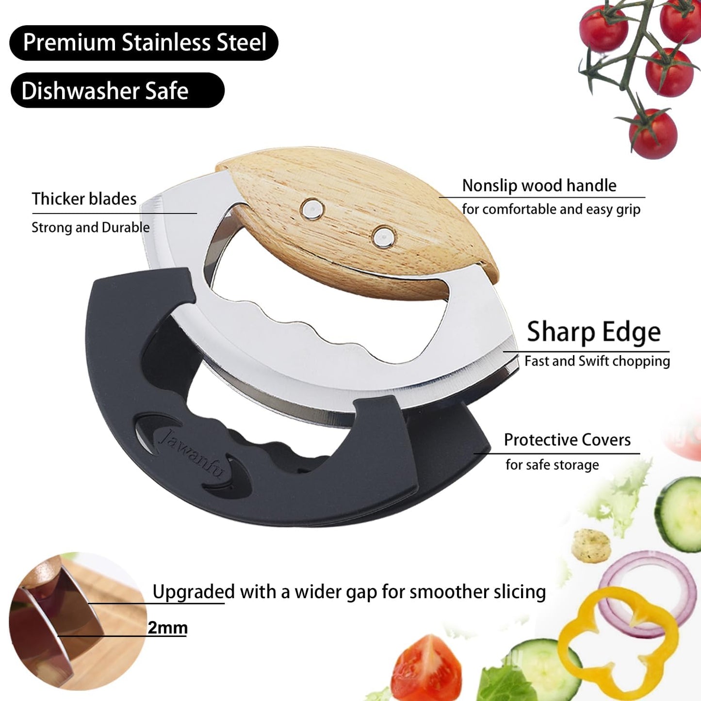 Jawanfu Salad Chopper, Ultra-sharp Salad Chopper Knife for Chopped Salad, Handheld Lettuce Chopper Kit for Salad Bowl, Wood Handle Salad Cutter, Stainelss Steel, Well Made (Double Blade)