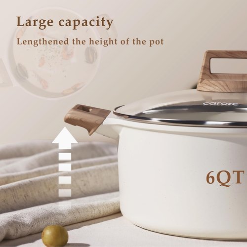 CAROTE 6 Qt Nonstick Stock Pot - Easy Clean PFOA Free Casserole with Lid | White Granite Finish