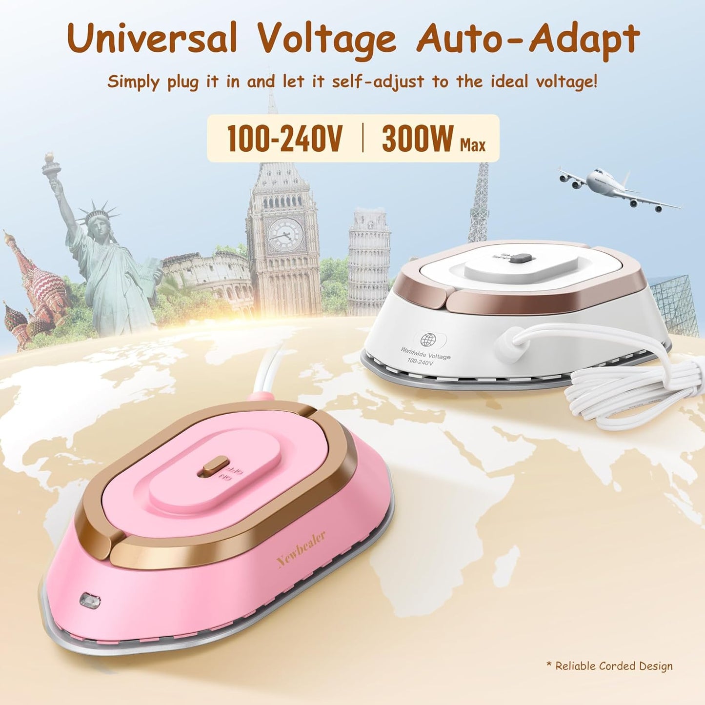 Newbealer Travel Iron - Mini Dry Iron with Global Voltage, 300W, Non-Stick Ceramic Soleplate, Gold