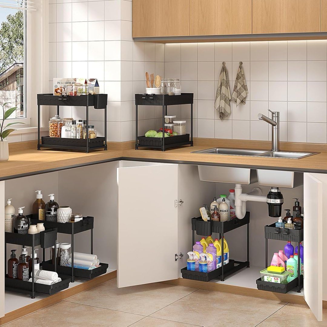 Sevenblue Under Sink Organizers - 2-Tier Kitchen & Bathroom Storage with Sliding Drawers | Black, 12.8 Inch