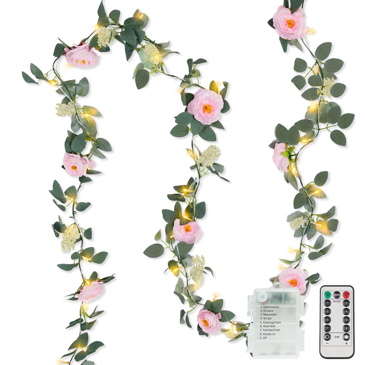 suddus Flower Garland with Pink Camellia Fairy Lights Indoor, 60 LED Vines String Lights Battery Operated with Remote, Artificial Fake Flowers Leaf Lights for Wedding,Bedroom,Centerpieces,Arch Decor