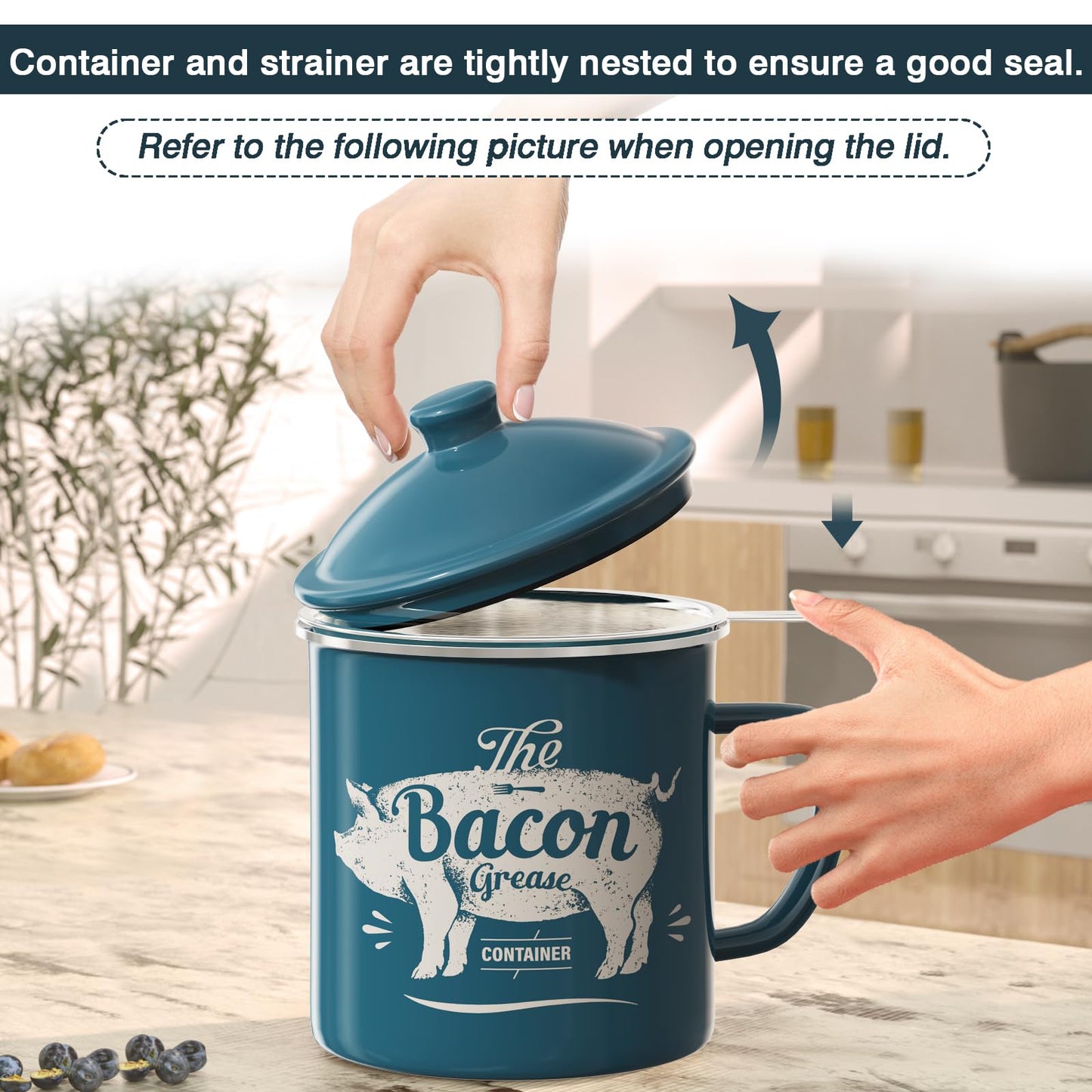Bacon Grease Container With Strainer, 46OZ Large Enamel Grease Container, With Silicone Spatula, Farmhouse Bacon Grease Keeper, Cooking Oil Container For Kitchen Fat Storage, Dishwasher Safe-Blue