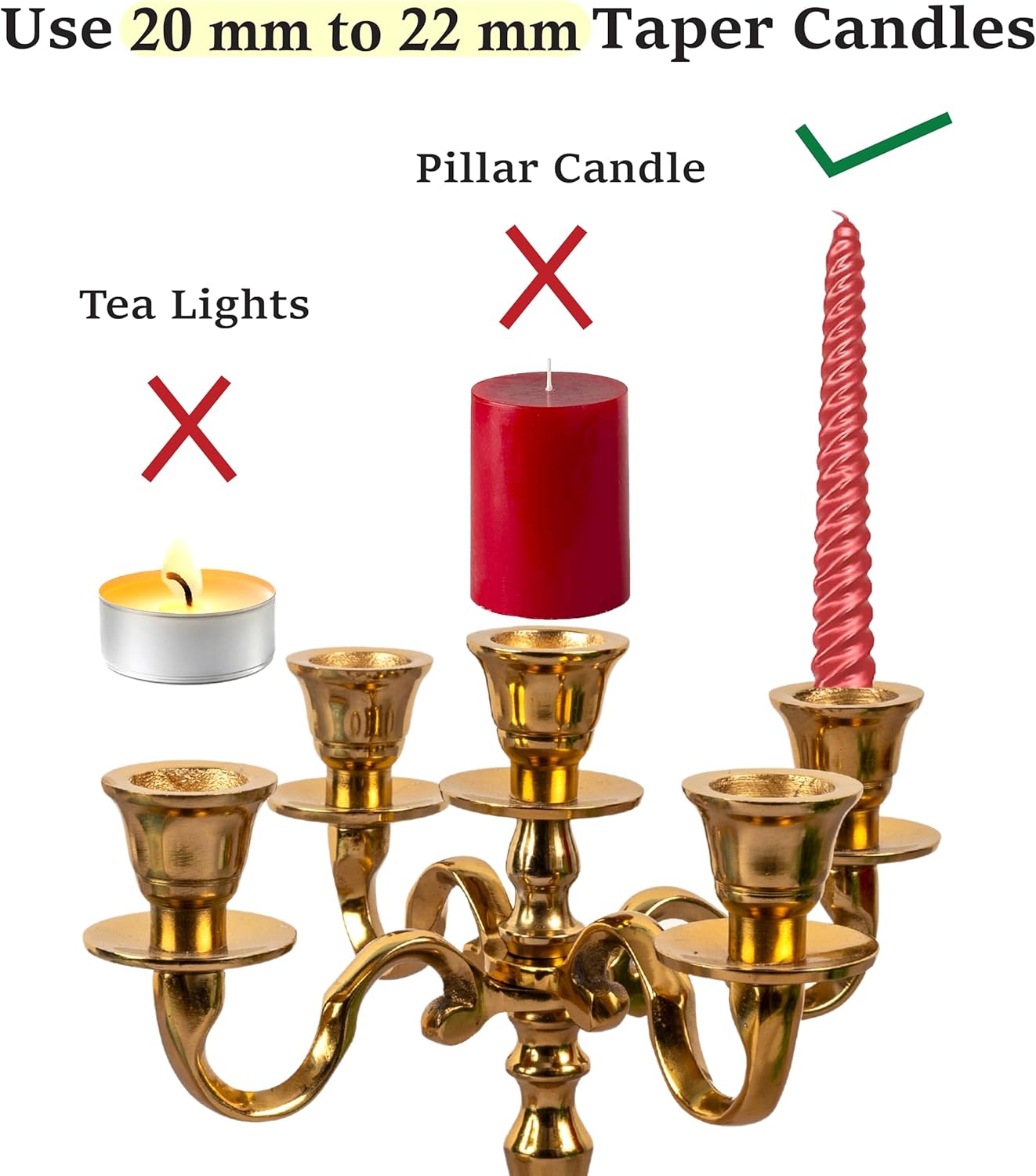 Rely+ 5 Arm Baby Candelabra - Gold Glossy 8-Inch Taper Candle Holders for Gothic Home Decor & Weddings