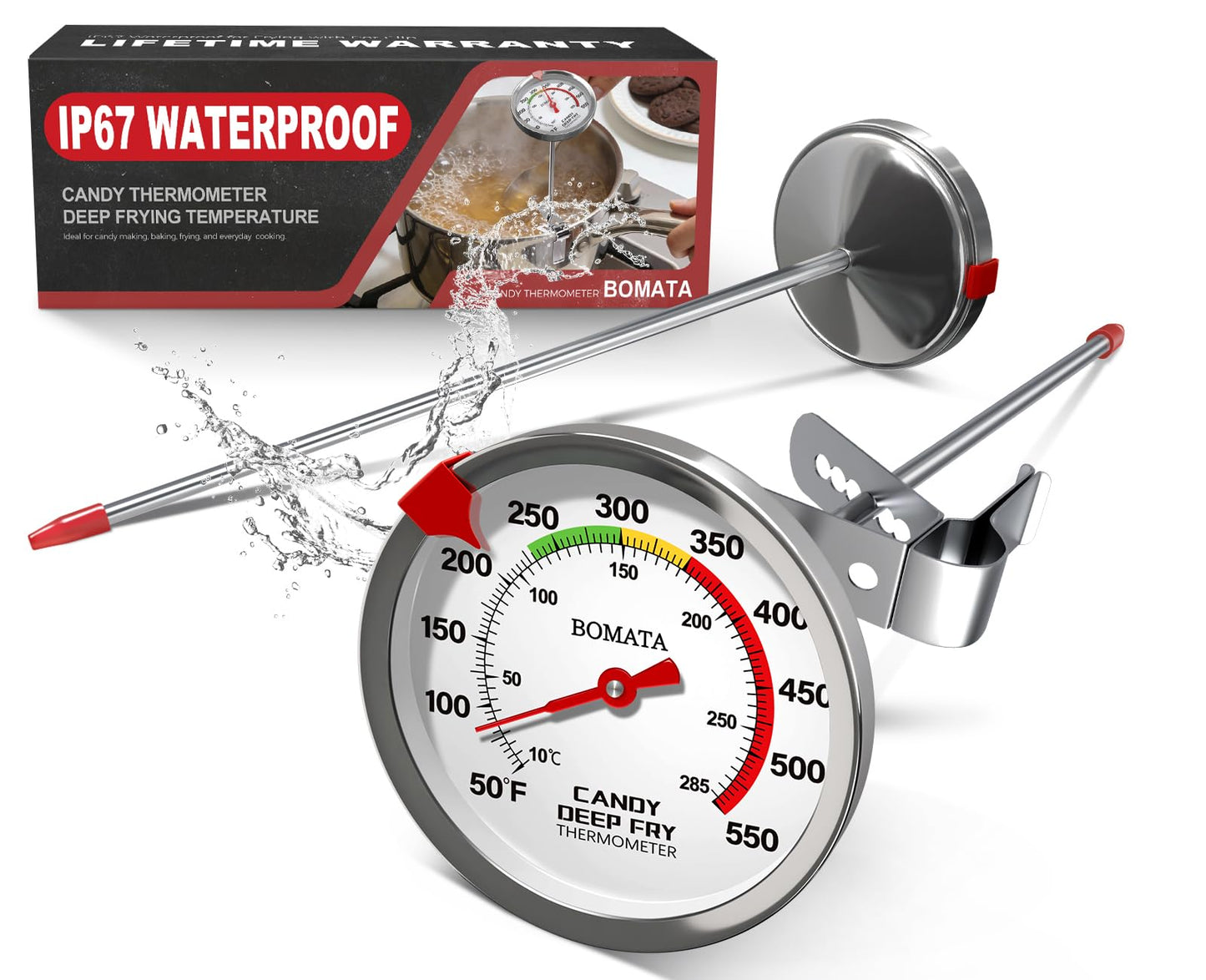 BOMATA 2-Pack Candy Thermometer with Pot Clip, Hands-Free Use, Waterproof IP67 and 2.5" Display Deep Fry Oil Thermometer with NSF Certified, for Cooking, Food, Turkey, BBQ, Grill... Mth400 Silver