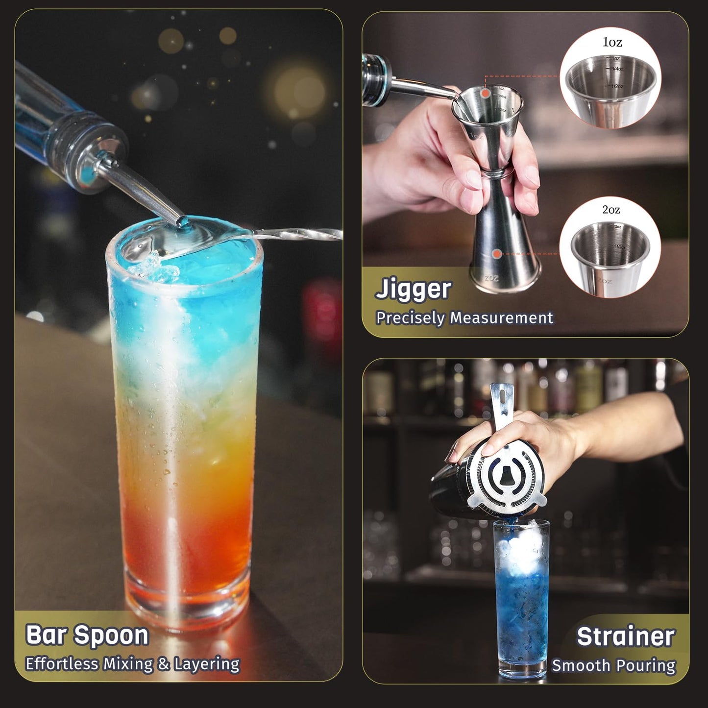 Nexsujo Boston Cocktail Shaker Set, 4-Piece Bar Tools Set, Professional Bar Set with Boston Shaker, Bar Spoon, Jigger, Hawthorne Strainer, Stainless Steel, Dishwasher Safe, Ideal Bartender Kit for Bar