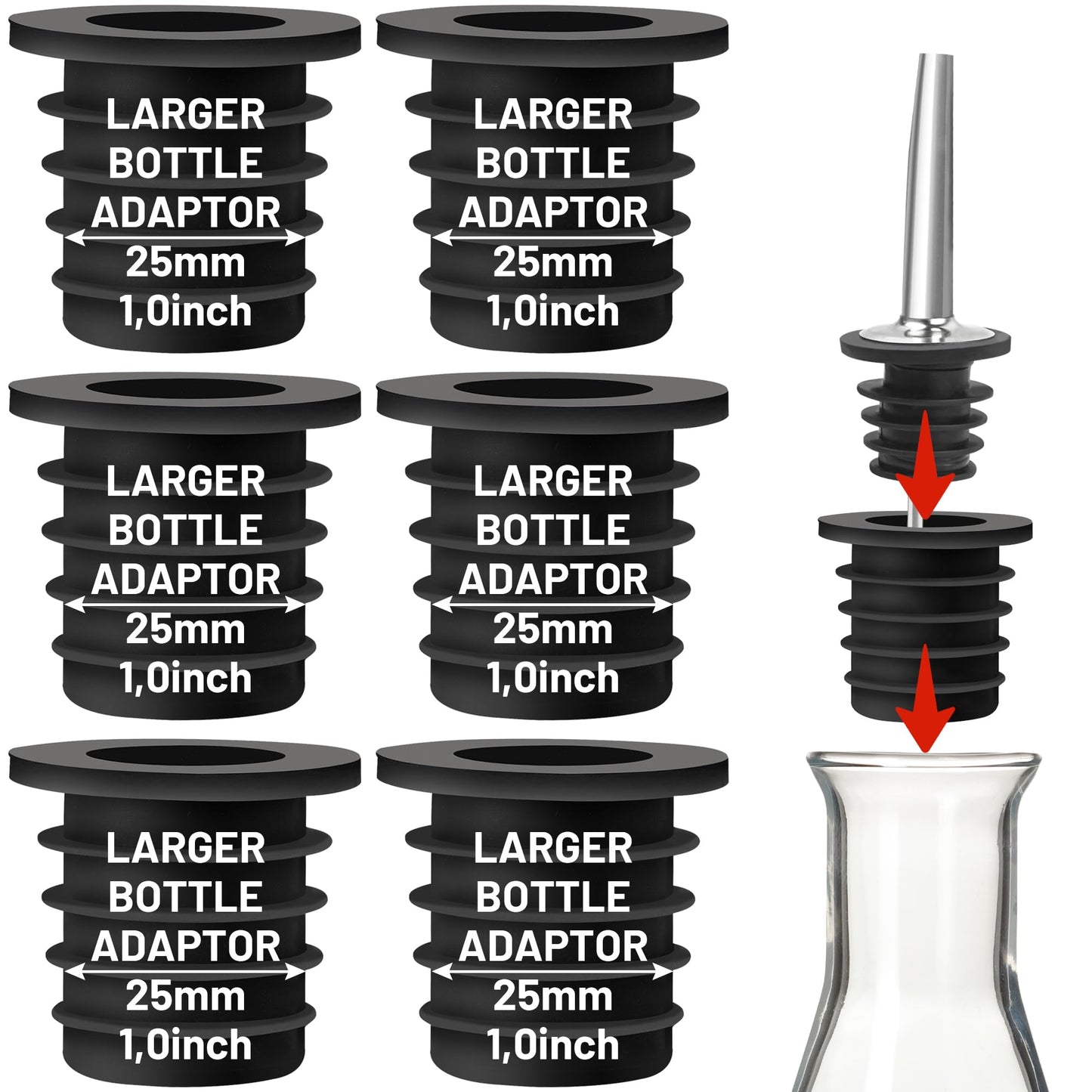 Liquor Pourer Adapters for Large Liquor Bottles and Olive Oil Bottles, Up to 1Inch/25mm Neck Bottle, Converts Regular Size Spout to Large Pouring Spout, 6 Pieces Set