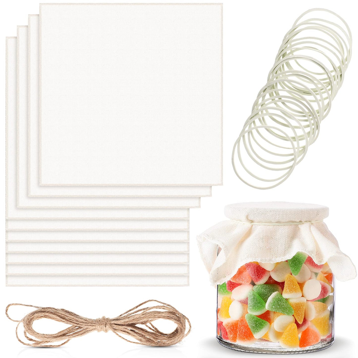 Tatuo 20 Pieces Unbleached Muslin Jar Cloth Covers Kombucha Fermentation Breathe Muslin 8 Inch Square Covers with 20 Rubber Bands and 5 Meters Jute Rope for Bottle Jar