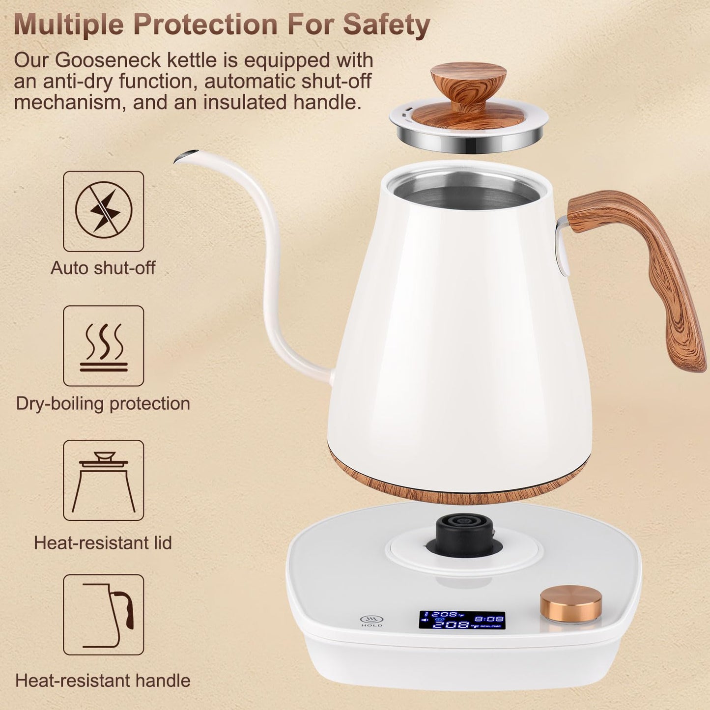 YDDZZM Gooseneck Electric Kettle, Intelligent Temperature Control, Stainless Steel Inner, Quick Heating, for Pour Over Coffee, Brew Tea, Boil Hot Water, 1000W 0.9L Cream White