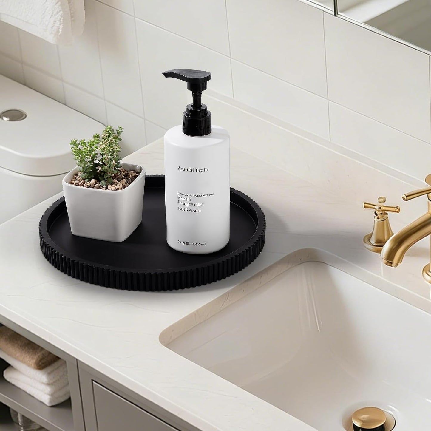 Skiennix Silicone Bathroom Tray - Round Kitchen Counter Organizer for Perfume & Candles | 9 Inch, Black