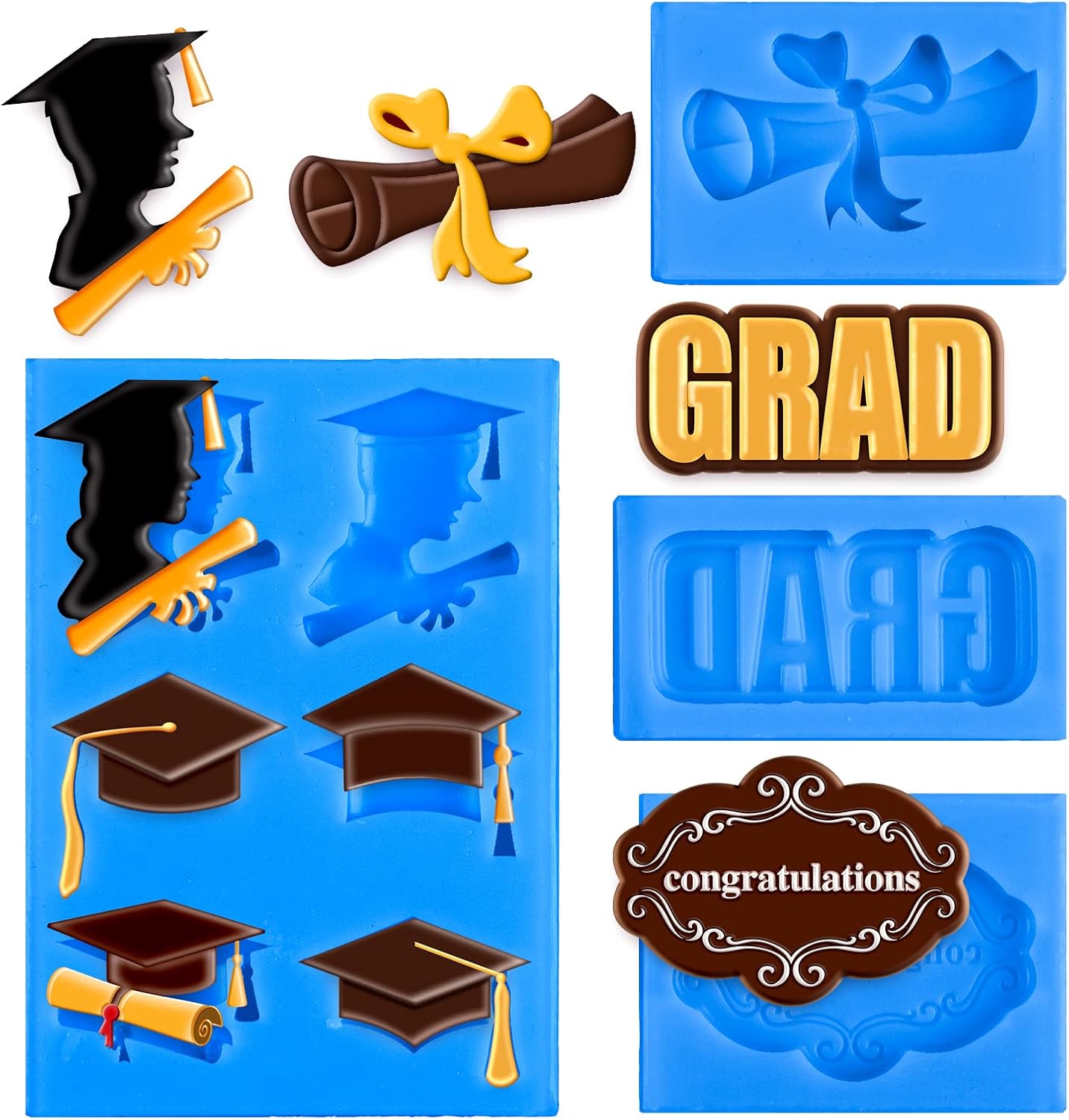 Whaline Graduation Mini Fondant Molds - 4 Pack Silicone Caps & Diplomas for Cake Decorations | Blue