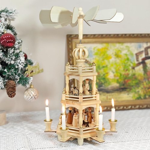 Christmas Pyramids - 18-Inch Wooden Nativity Scene Carousel with 6 Candle Holders | 3 Tiers