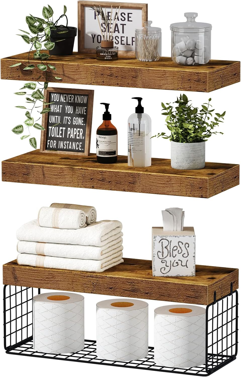 QEEIG Floating Shelves Set - Farmhouse Style 16 Inch Shelves & Over Toilet Storage | 2+3 Bundle