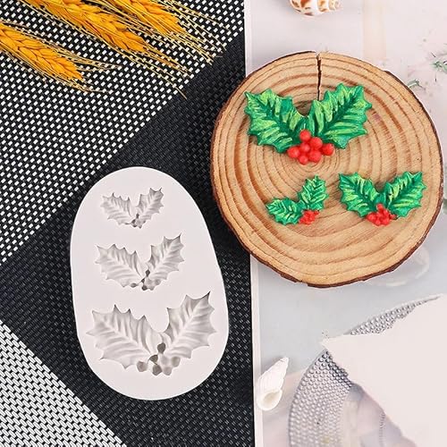 4Pcs Christmas Holly Leaves Silicone Molds for DIY Cake Fondant Biscuit Cookies Soap Sugar Pudding Chocolate Hard Candies Dessert Candle Decor