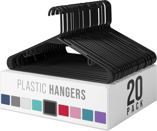 Skiennix Plastic Hangers 20 Pack - Versatile Black Clothes Hangers for Space-Saving Closet Organization