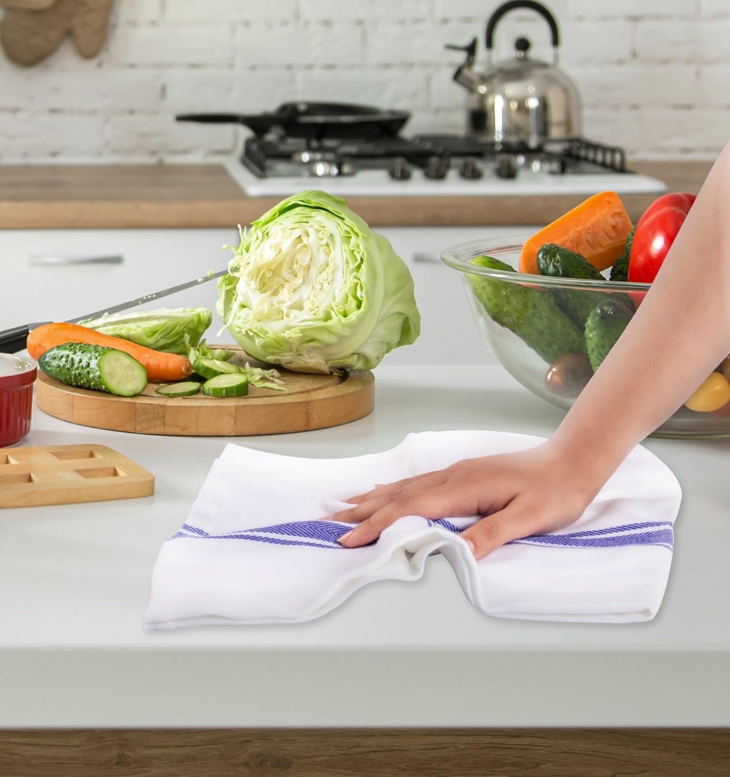 UrbanFocal Washable Kitchen Dish Towels - 100% Cotton Super Absorbent 12 Pack Reusable Cleaning Towel for Dishes | White with Blue Stripe, 14 x 26