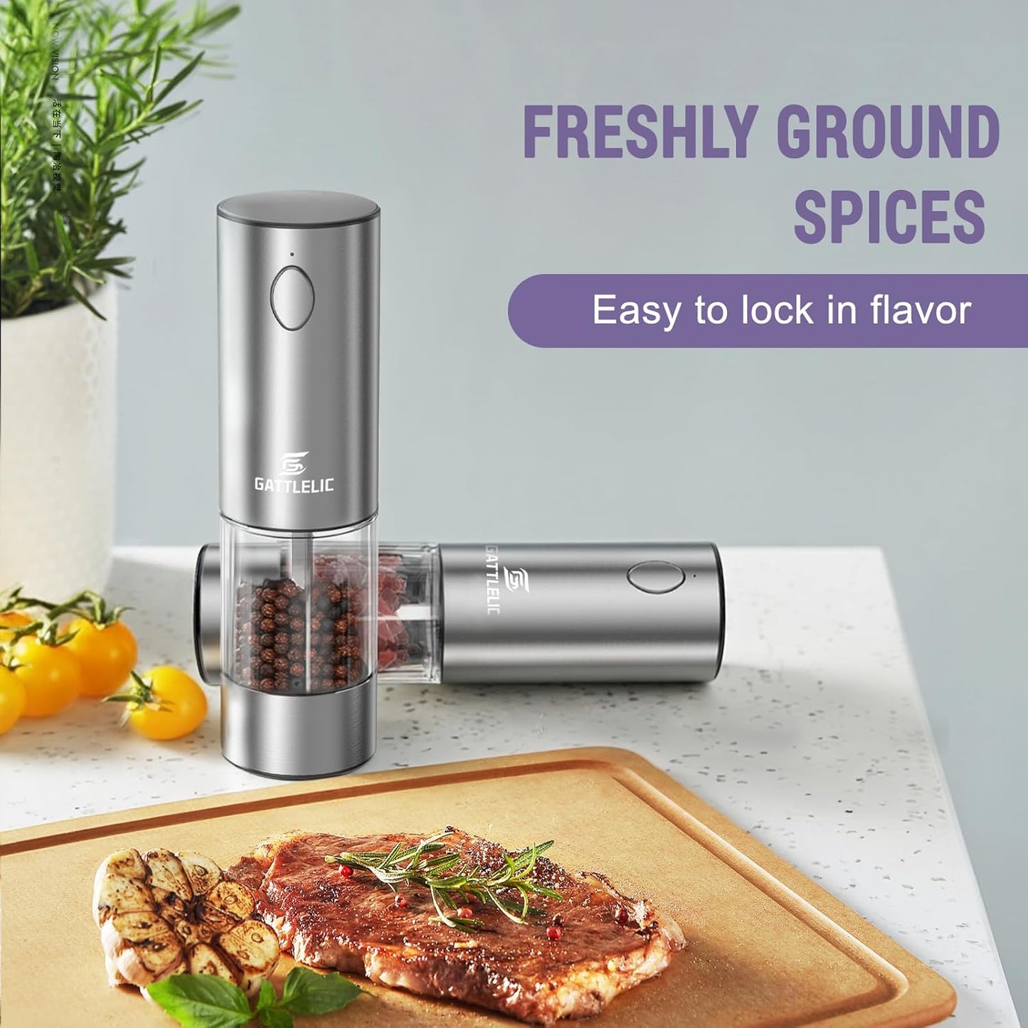 Skiennix Electric Salt and Pepper Grinder Set - Automatic Mill with LED Light & Adjustable Coarseness - Rechargeable Black & Sea Salt