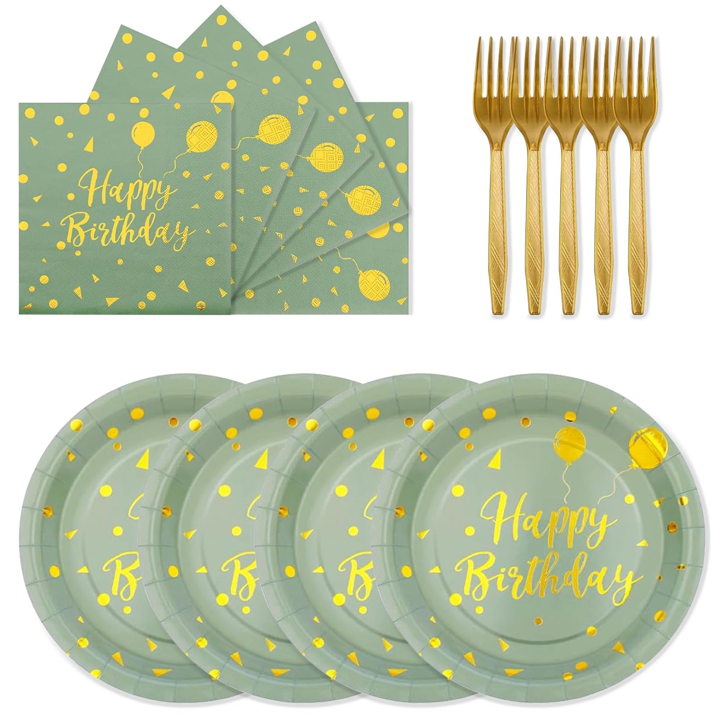 72PCS Happy Birthday Paper Plates - Sage Green and Gold Tableware Set Include 7Inch Paper Plates 6.5 Inch Napkins and 6.3 Inch Forks Disposable Decoration Supplies for Birthday Party,Serve 24