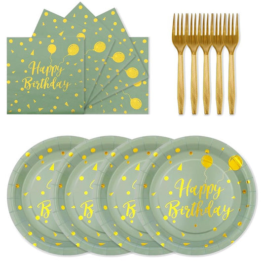 72PCS Happy Birthday Paper Plates - Sage Green and Gold Tableware Set Include 7Inch Paper Plates 6.5 Inch Napkins and 6.3 Inch Forks Disposable Decoration Supplies for Birthday Party,Serve 24