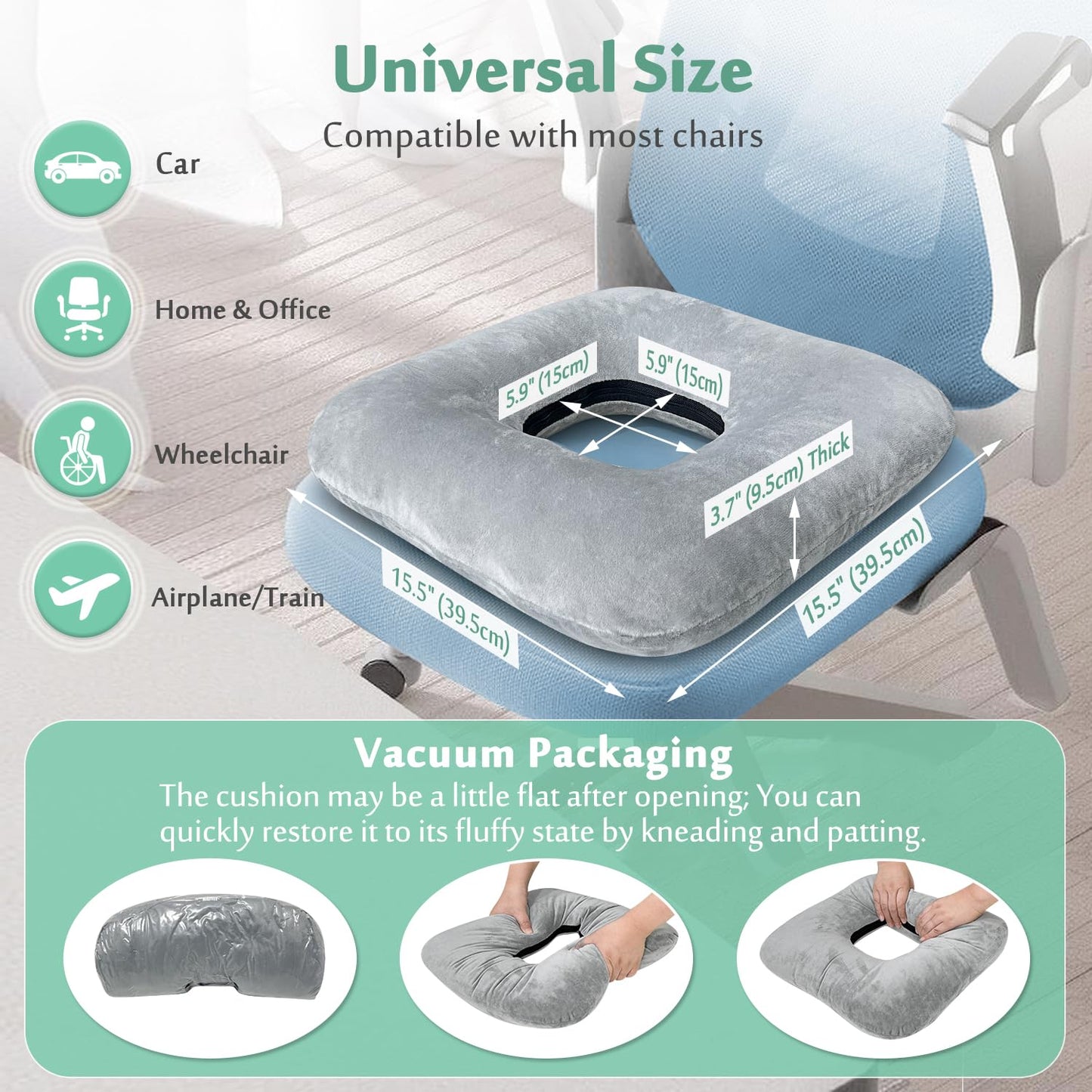 AOSSA Donut Pillow, Butt Cushion for Long Sitting Tailbone Pain, Hemorrhoid, Pregnancy Seat Cushion, Medical Donut Ring Pillow for After Surgery, Bed Sore, Pressure Ulcer Relief Cushion Pad