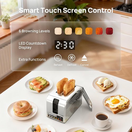 Consciot 2-Slice Smart Touch Screen Toaster - 6 Browning Levels, Extra-Wide Slots, Stainless Steel