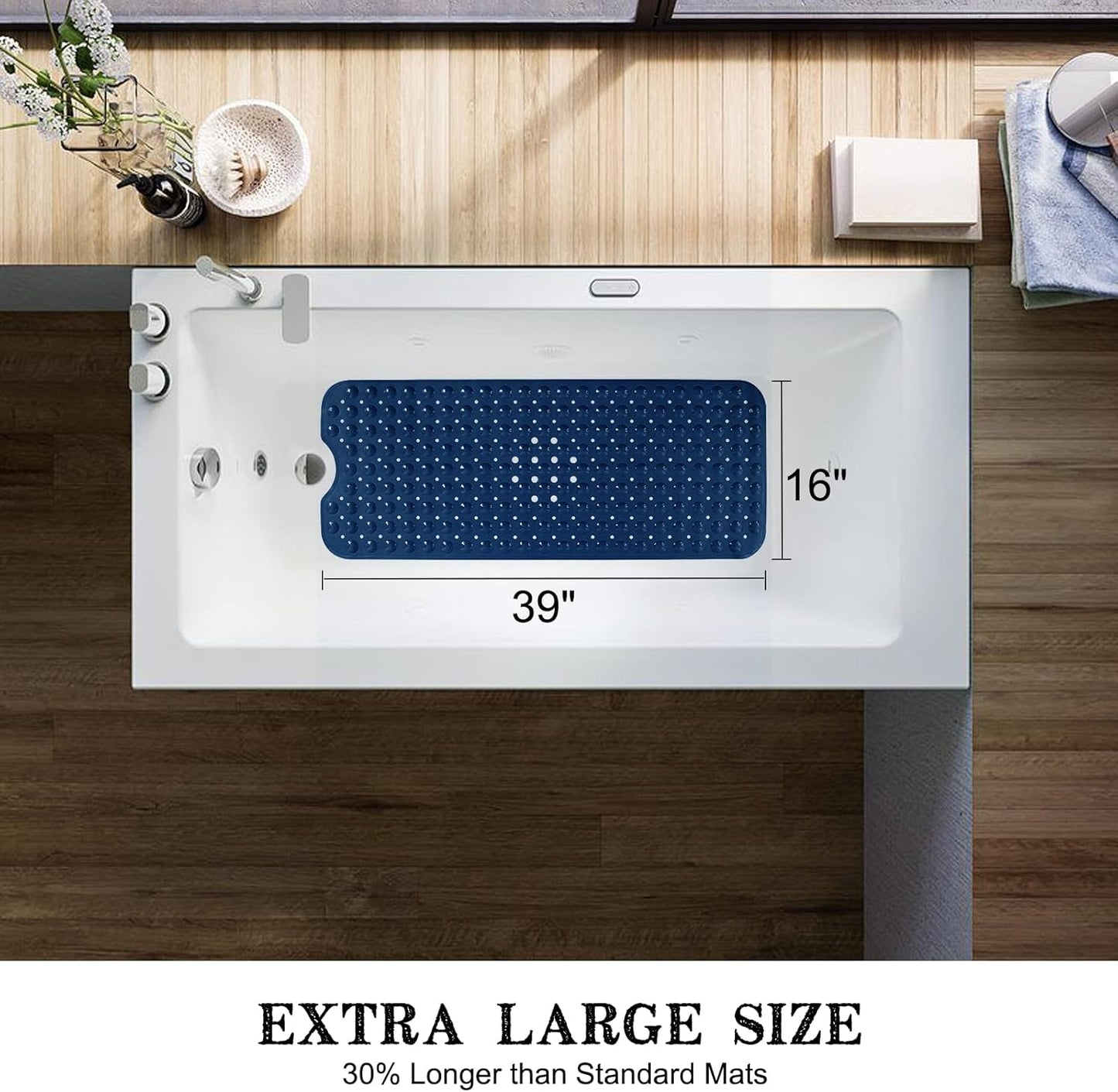 Linoows Non-Slip Bathtub Mat - Extra Long 39 x 16 Inch, Machine Washable with Suction Cups | Navy Blue