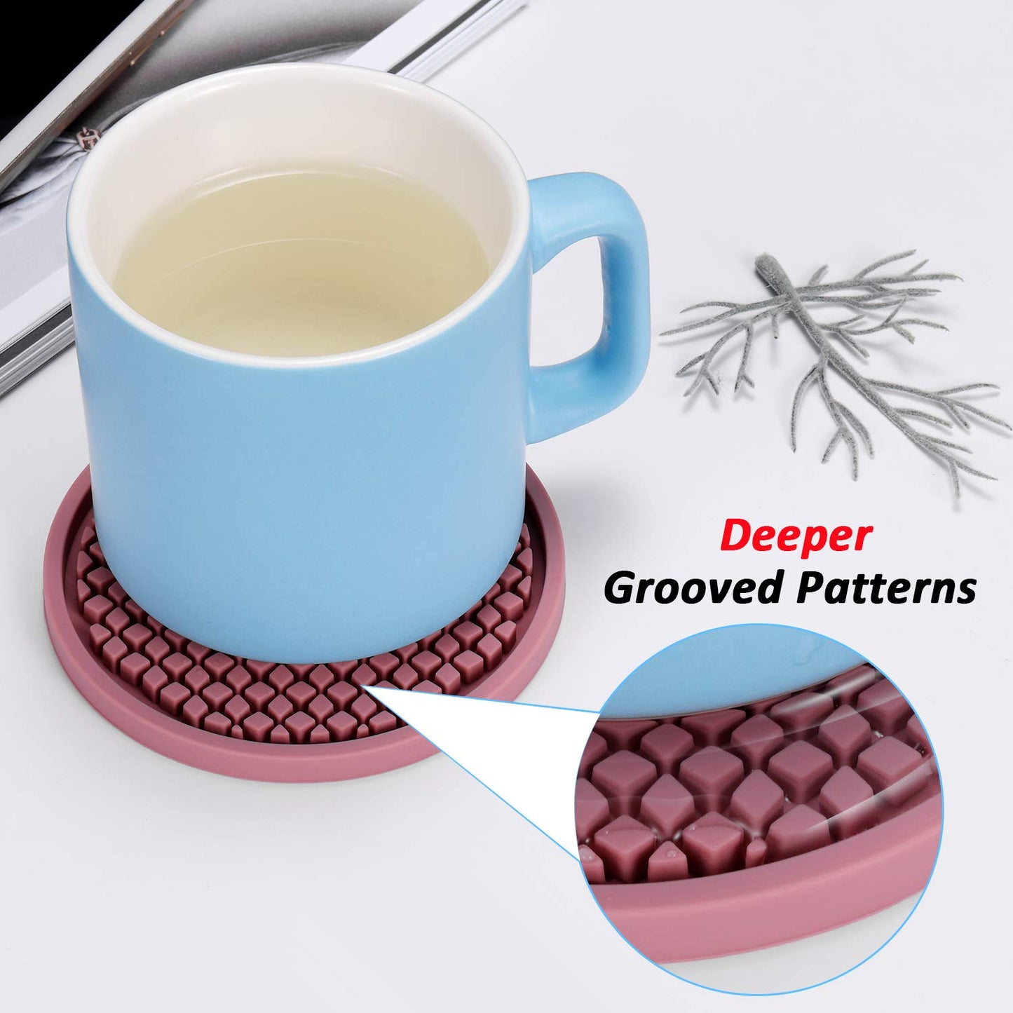 ME.FAN Silicone Coasters [6 Pack] Thickened Drink Coasters with Holder - Cup Mat - Non-Slip, Non-stick, Stay Put, Deep Tray - Prevents Furniture and Tabletop Damages