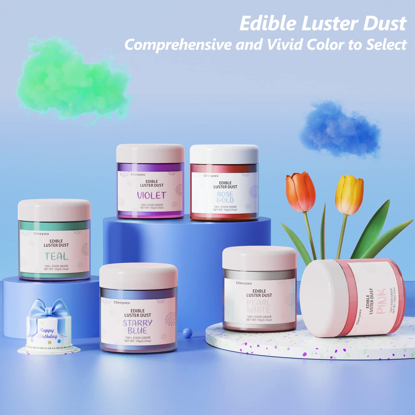 StarryBlue Edible Luster Dust 10 Grams, Food Grade Cake Luster Dust Tasteless Dessert Dusting Powders for Baking Cherrysea Food Coloring Powder for Cupcakes, Cake Pops,Fondant,Chocolate, Candy