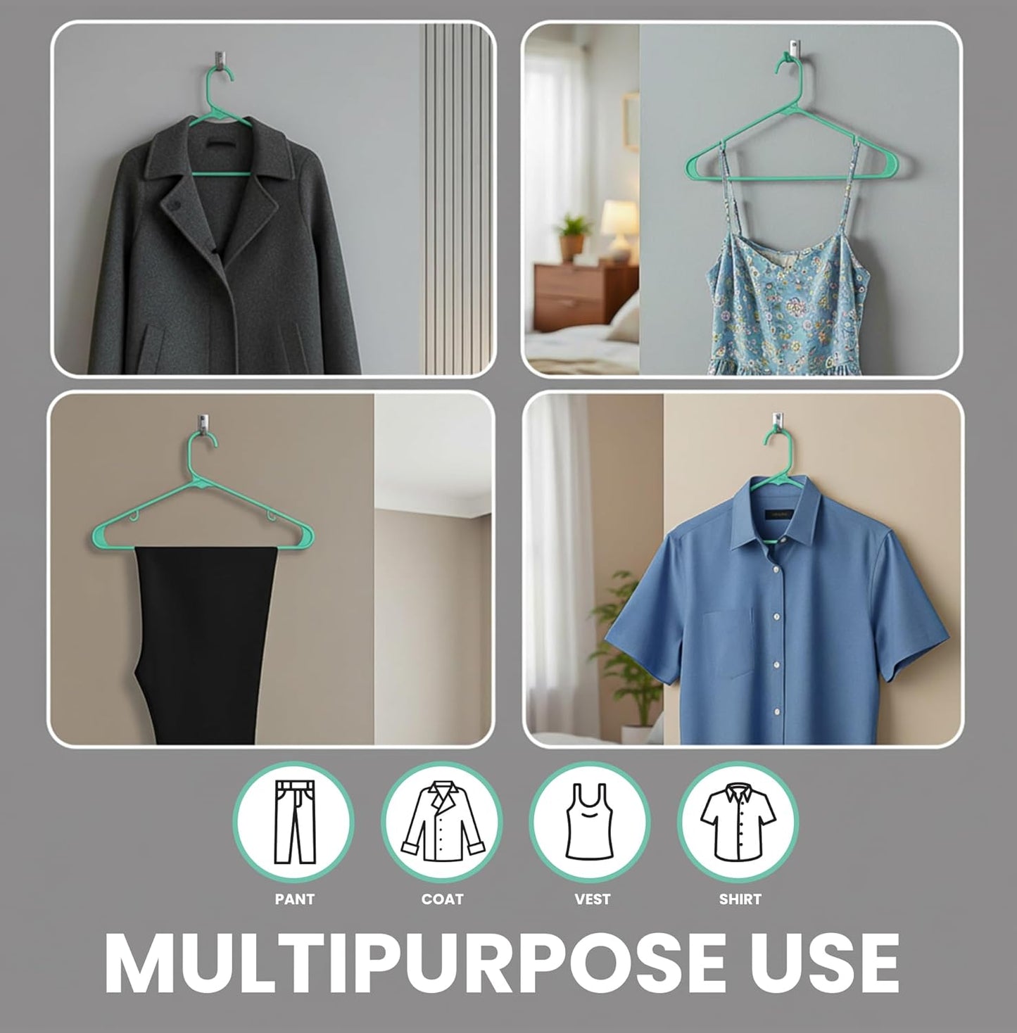 Utopia Home Plastic Hangers 50 Pack - Durable Space-Saving Closet Organizers - Built-In Strap Hooks (Aqua)