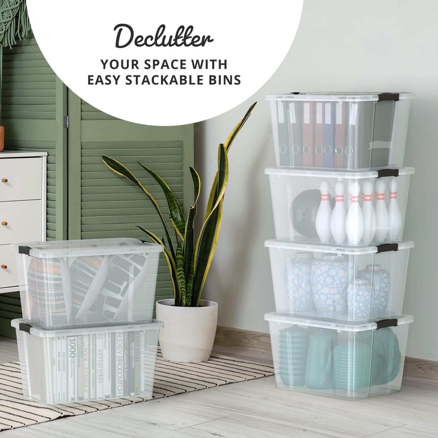 Lifetime Appliance Parts 34 Qt. Plastic Storage Bin Tote - Ultra Durable Lid & Secure Latching Buckles | Stackable Clear with Black Handle
