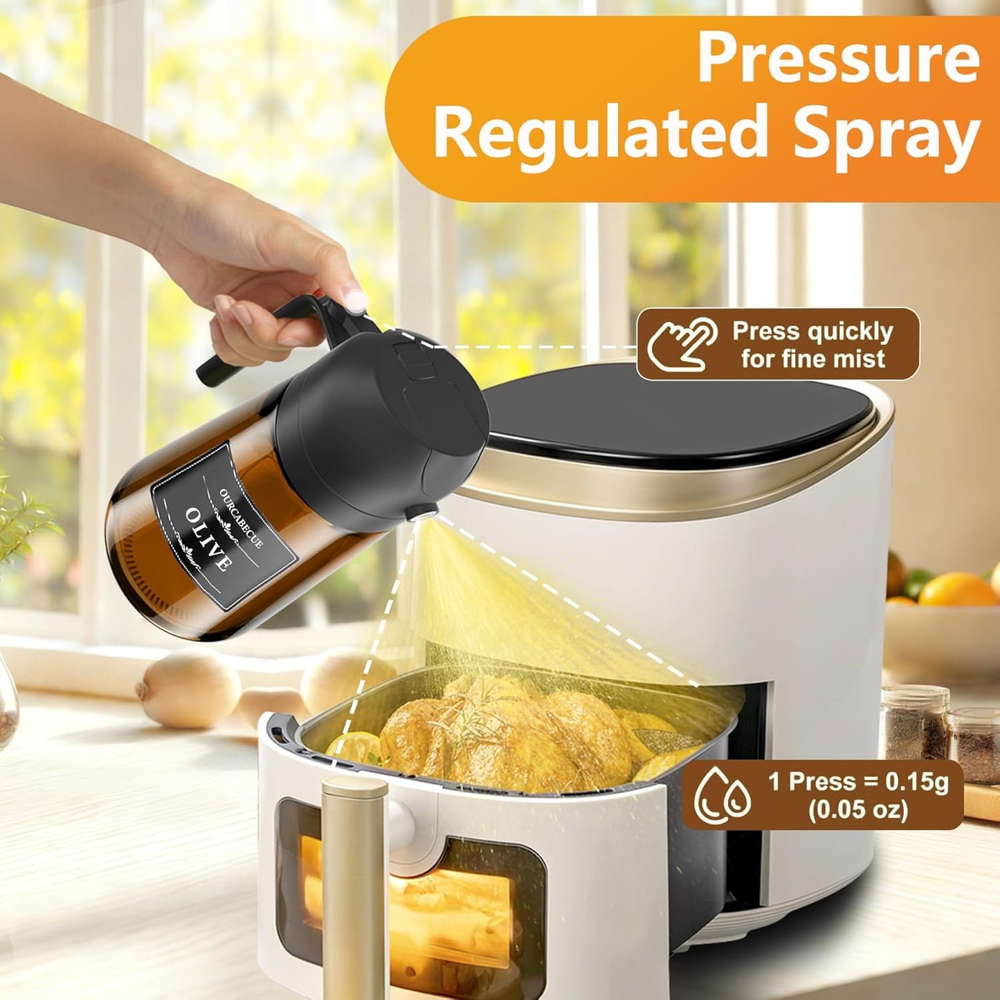 OURCABECUE Olive Oil Sprayer - 2 in 1 Cooking Dispenser Bottle, 16oz Food-Grade Glass with Stickers