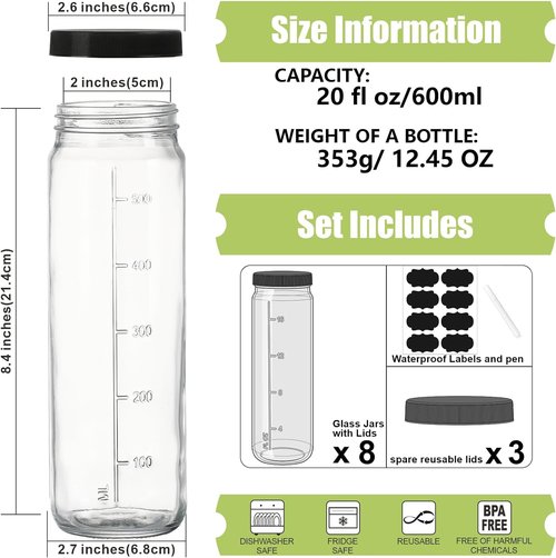 Huichuiero [8 Pack] 20 Oz Glass Juicing Bottles w Airtight Lids - Reusable Drinking Jars w Scale, Travel Water Cups - Tall Mason Jar for Juice, Boba, Smoothie, Vanilla Extract(Extra 3 Lids)