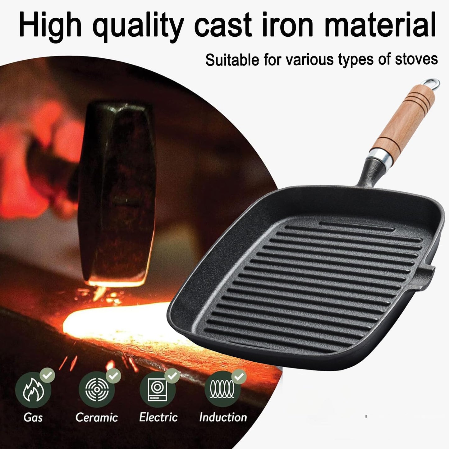 JUSTUP Nonstick Frying Pan,9.1 Inch Pre-Seasoned Cast Iron Square Grill Pan with Diversion Port,Steak Pot Breakfast Skillet for Bacon,Steak and Burgers (Black)