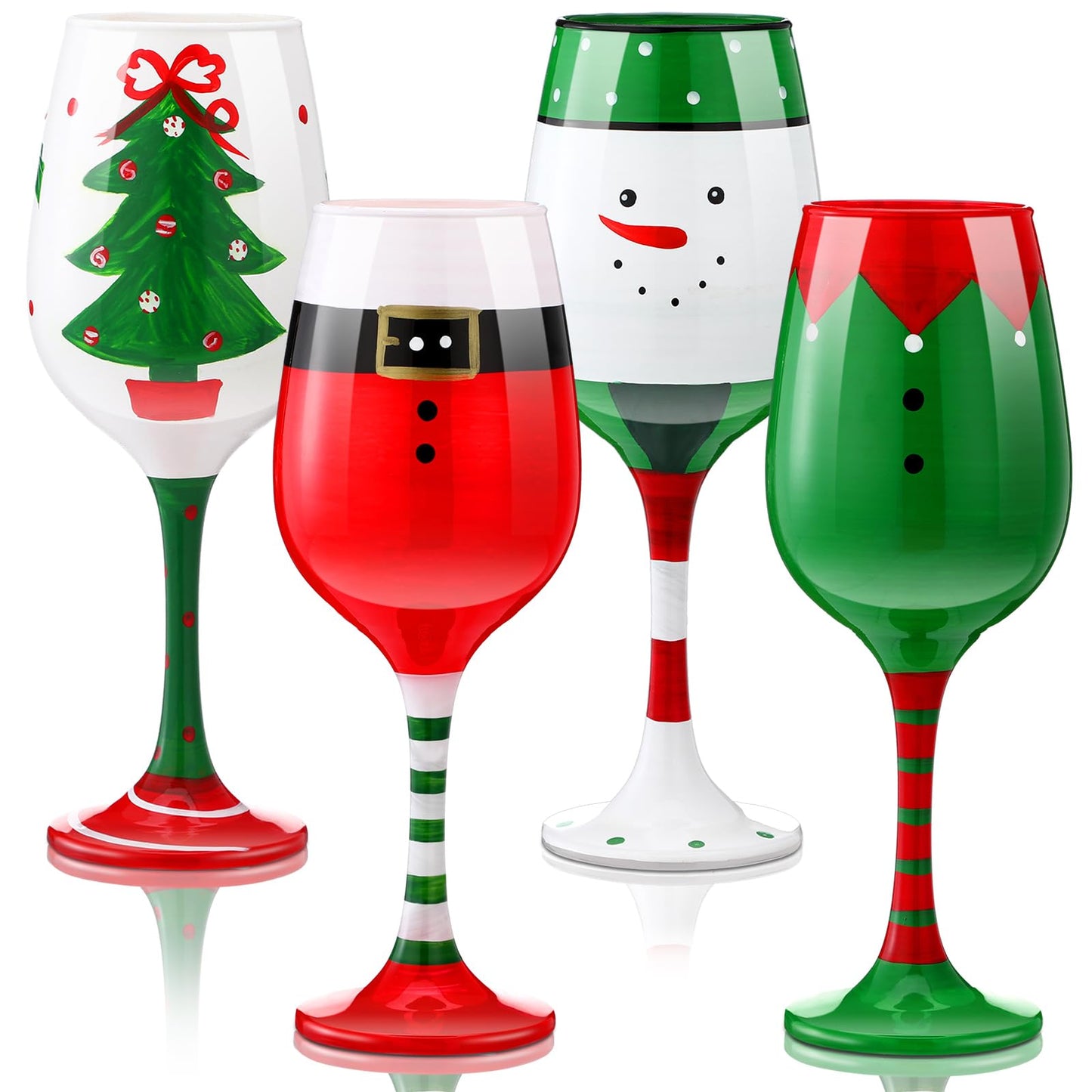 CPEGHDVM 4 Pcs Christmas Wine Glasses 16.8 Oz Set Santa Belt Snowman Drinking Goblets Cups Xmas Hand Painted Wine Cup Glass for Home Bar Diner Birthday Wedding Christmas Party Favors