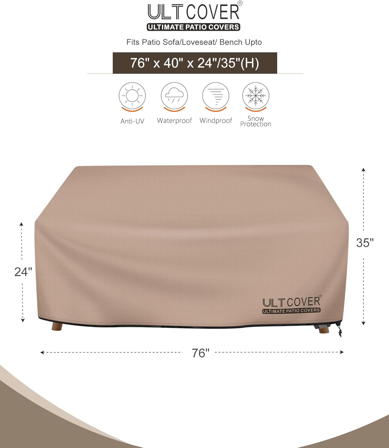 ULTCOVER Waterproof Deep Seat Sofa Bench Cover - 76" x 40" x 35" - Durable Patio Furniture Protection