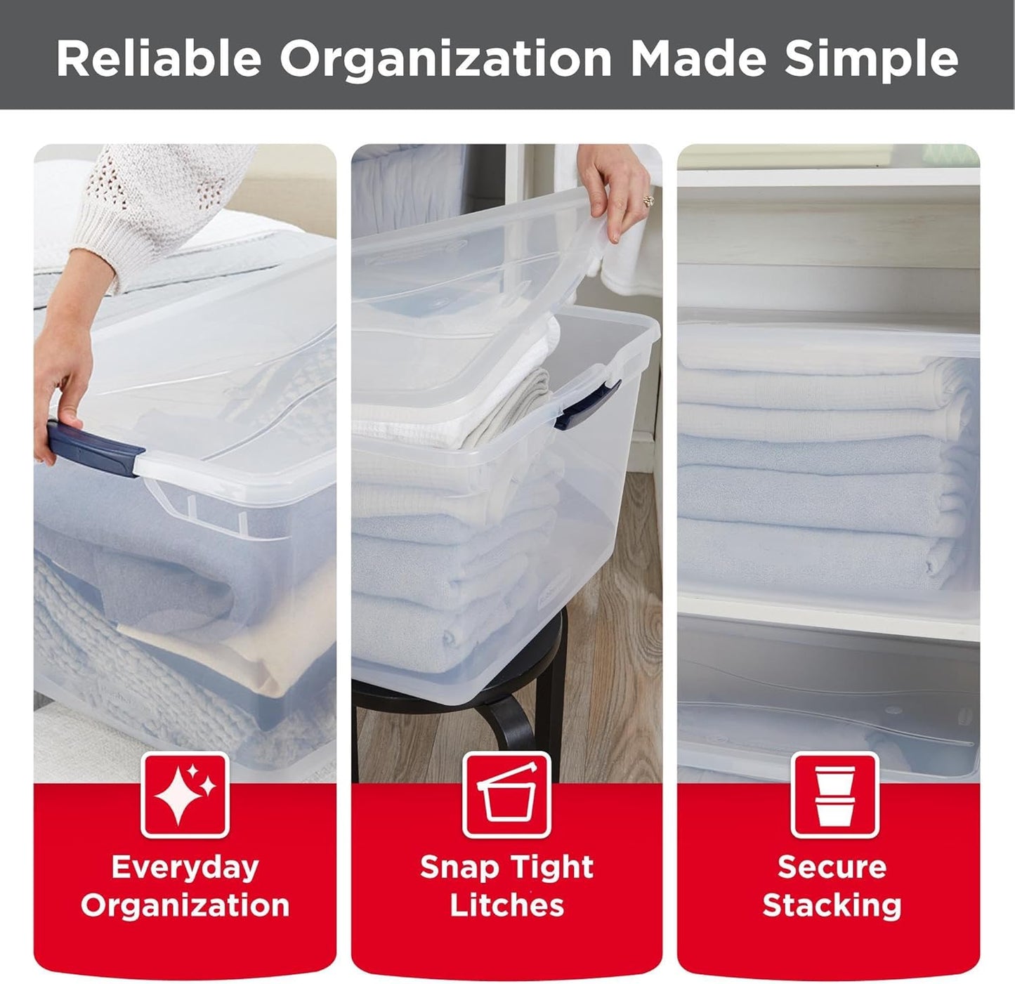 Rubbermaid Cleverstore 95 Qt Clear Storage Bins - Stackable, BPA-Free, 4-Pack | Made in USA