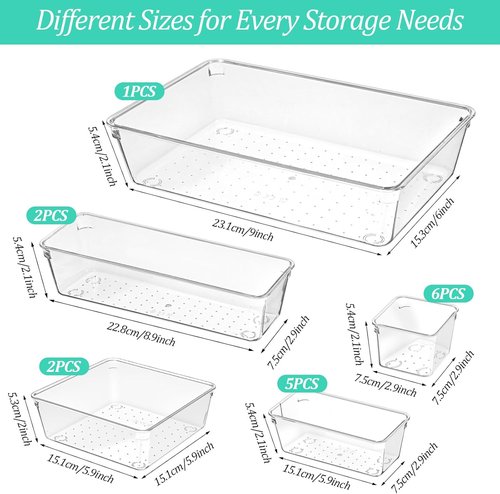 16-Pack Plastic Drawer Organizers by [Brand Name] - Versatile Non-Slip Storage Bins for Kitchen, Office & Bathroom - Clear